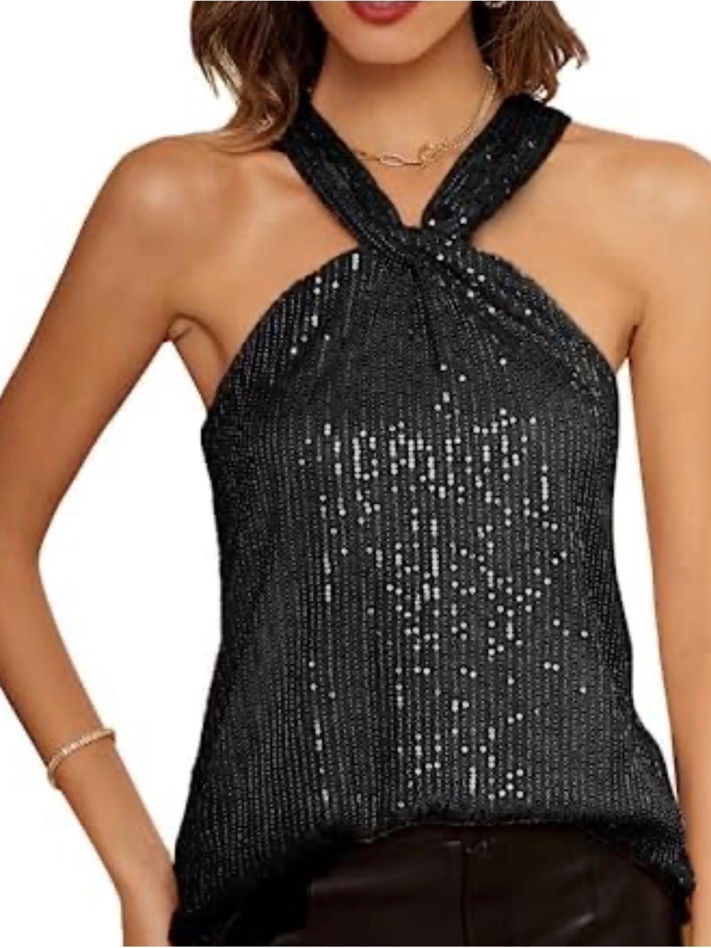 GRACE KARIN black sequin top features a distinctive twist-front